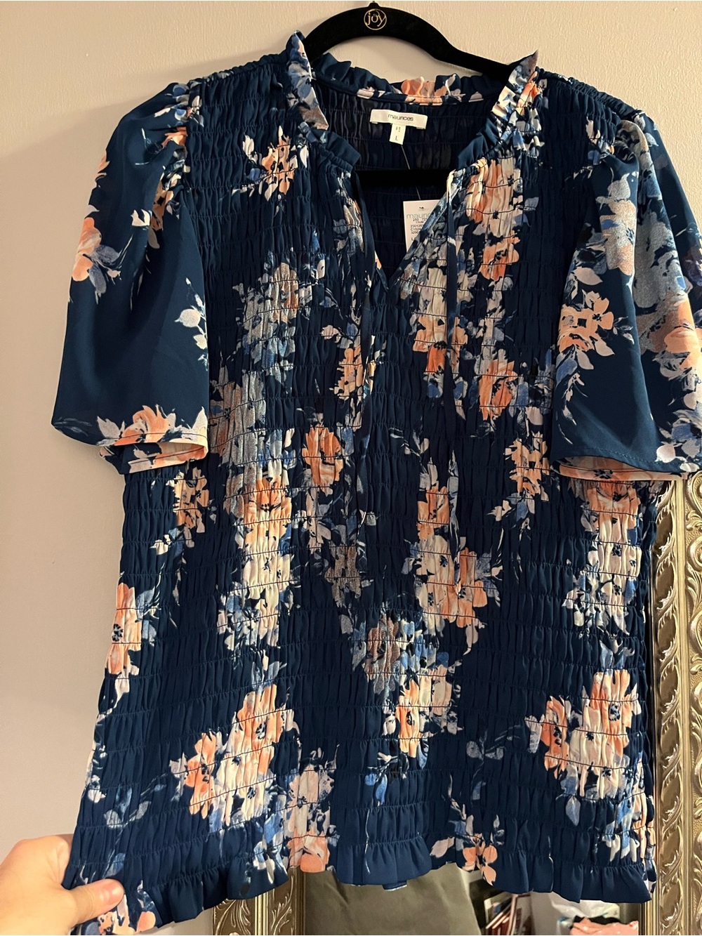 Maurices Navy Blouse with Peach Floral Accents